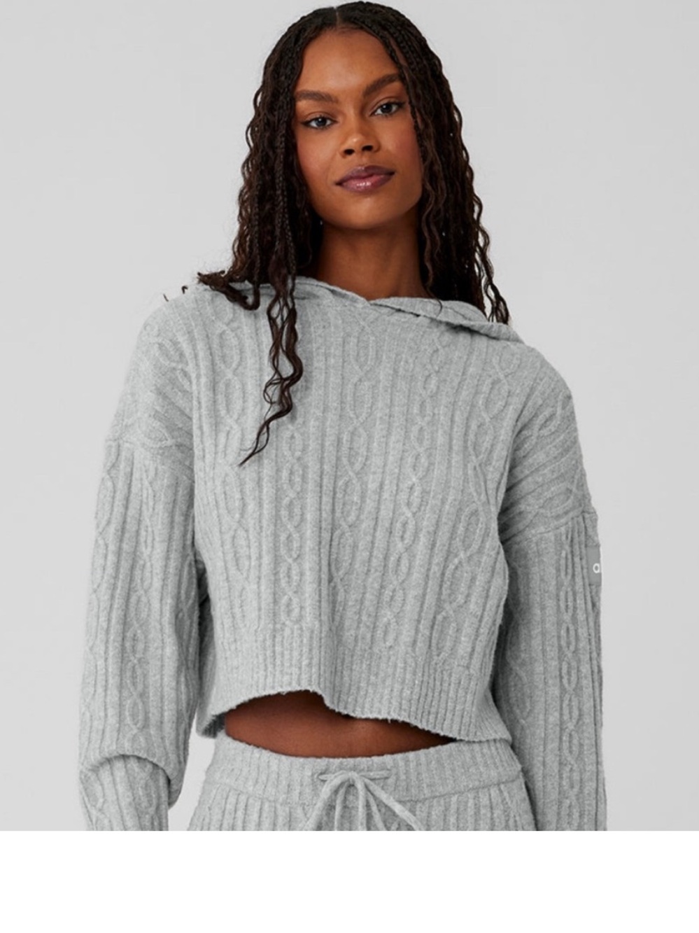 Alo Yogo Cable Knit Crop Hooded Sweater Stretchy Gray Size Medium